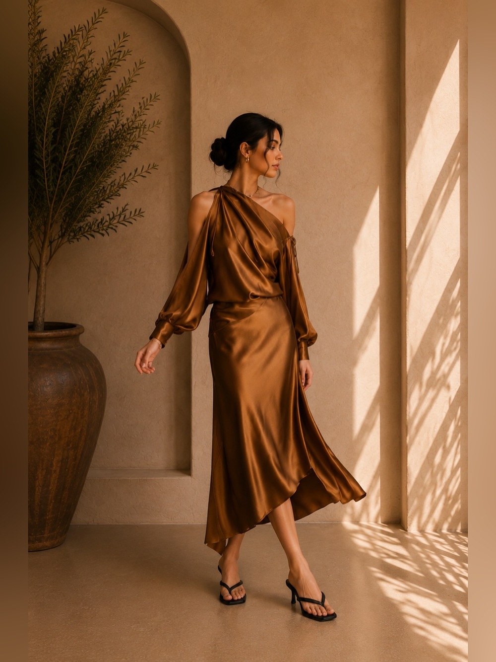 Commense Dark Brown Satin Asymmetrical Top & Midi Skirt Set XS/S